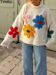 Tyhru suéter feminino casual de malha com flores, pulôveres decorativos de malha de manga comprida, quente e solto, moda urbana 240328