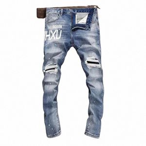 Streetwear Fi Vintage Men Jeans Retro Blue Elastic Slim Fit Painted Risped Dżinsy Mężczyźni Drukukowane Projektowanie Hip Hop Denim Spodnie Q4m3#