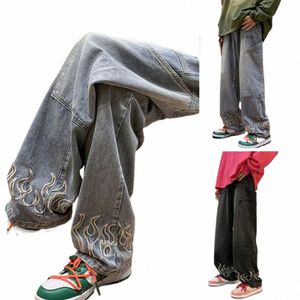 fi Flame Embroidery Men's Jeans Neutral Wide Leg Denim Trousers Loose Straight Jeans Youth Casual Baggy Hip Hop Pants 2023 g2BB#