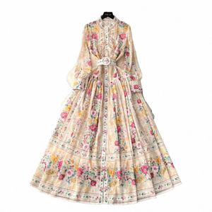 FI Holiday Gorgeous FR Chiff Maxi Dr Women's Stand Ruffles LG Lantern Sleeve Floral Print Belt Boho Robe Vestido Z3xw#