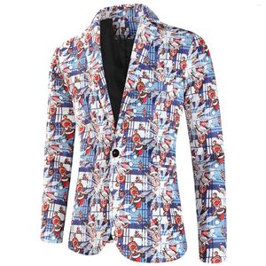 Ternos masculinos moda lazer natal impresso botões manga longa decote em v terno casaco com bolso fino encaixe outwear blusas