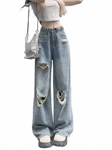 retro Straight Denim Jeans With Summer Holes, High Waist, Slimming And Loose Fitting Wide Leg Floor Lg Pants, Women's Jeans Y72x#