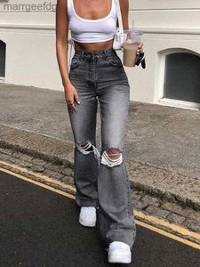 Women's Shorts Women Flare Stretch Ripped Jeans Fashion Skinny Bell Bottom High Waist Gray Hole Denim Pants Lady Classic Y2K Punk Long Trousers 240329