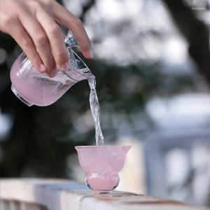 أكواب صحن غوبينغ سيليكون زجاجي الوردي وعاء الشاي الكثيف مقاوم للحرارة مجموعة من المألوف المضاد للمنزل