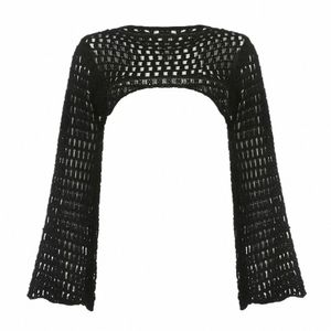 women Y2k Crochet Knit Hollow Out Crop Top Lg Flared Sleeve Shrug Sweater Mesh Cover Ups Cardigan Streetwear Pullover Women l9Kn#