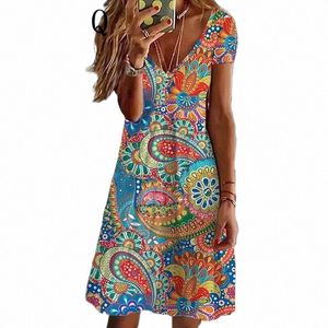 vintage Ethnic Printing Dr For Women 2024 V-Neck Short Sleeve Loose Plus Size Dres Fi Casual Floral Dr Sundr c8SN#