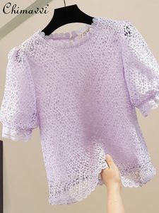 Women's Blouses Fashion Solid Color Crocheted Hollow Water-Soluble Lace Pullover Short Sleeve Top Summer Thin Elegant Blouse Shirts