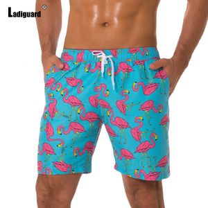 Ladiguard Plus size Men Leisure Flamingo Print Shorts Summer Sexy Drawstring Male Casual Pocket Beach Half Pants 240329