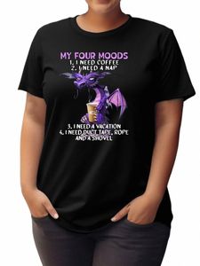 Женская фиолетовая футболка больших размеров «кофе, мои четыре настроения», повседневная женская футболка с короткими рукавами F01h #