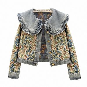 autumn Vintage Jacquard Embroidery Peter Pan Collar Denim Jacket Women Loose Short Cowboy Outerwear Casual Jeans Jacket Female p17u#