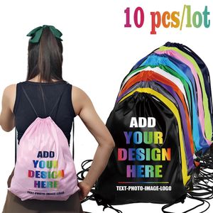 10 pçs/lote cordão personalizado mochila de viagem ao ar livre saco de esportes treinamento ginásio sapato saco impressão design presente personalizado 240322