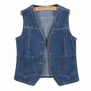 s-6xl Plus Size Denim Vest For Women Vintage V-Neck Sleevel Waistcoat Spring Autumn Casual Single-Breasted Outerwear W9Kc#