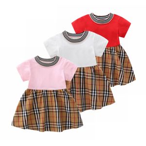 Designer little girls plaid dresses toddler kids stripe round collar short sleeve princess dress summer children cotton clothing Z7397