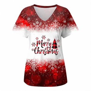 Julsjuksköterska Uniform Womens Xmas Letters Print Top Pocket Overalls Korta ärmar Lab Medicinsk enhetlig arbetande omvårdnad Workwear X5VB#