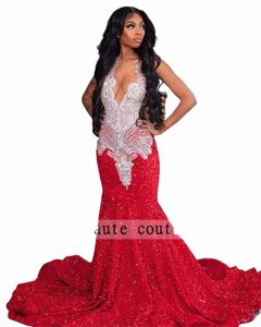 luxury Red Sequined Mermaid Lg Prom Dres 2024 For Black Girls Rhinestes Crystals Birthday Party Gowns Evening Dres D83M#