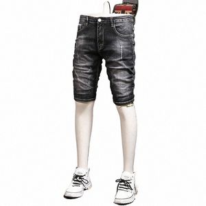 Zerrissene Denim-Shorts Männer Streetwear Schwarz Kurze Jeans Sommer FI Casual Stretch Regelmäßige gerade Hosen t1Vb #