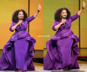 Elegant Oprah Winfrey Celebrity Evening Gowns Overskirt Middle East Dubai Arabic Style Purple with Sleeve Plus Size Women Formal W8836049