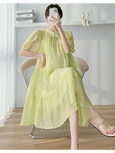 Moderskapsklänningar koreanska lösa gravida kvinnor kinesiska qipao puff ärmar älskling gravida kvinnor chiffong klänning mjuk och lätt klädsel2403
