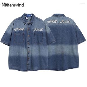 Mäns casual skjortor retro street valp broderi tvättad gradient denim skjorta för män och kvinnor ren bomull kort ärm jean topp lös