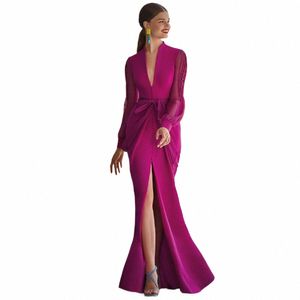 elegant Evening Dr Lg Sleeves Deep V Neck High Slit Sexy Evening Gowns for Women 2024 Fuchsia Mermaid/Trumpet Formal Dr 33CL#