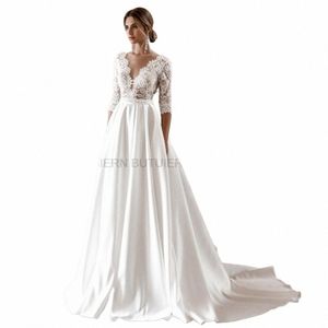 Elegant LG Sleeve Lace Wedding Dres V-hals Satin A-Line 2020 Vestido de Novia Bridal klänning Autumn New Vintage Simple E4WZ#