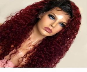 Curly Wig Color T1b 99J ombre spets främre mänskliga hår peruk för svarta kvinnor brasilianska remy hår peruk blekt knutar spets wig2061948