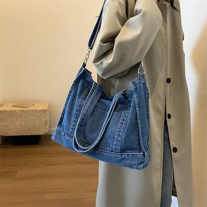 Grande capacidade denim azul bolsa de ombro feminina cor sólida tote crossbody sacos de compras retro faculdade meninas bolsas yfa2175