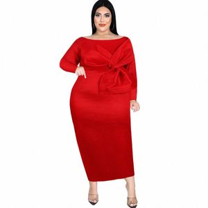 plus size Women Clothing Winter LG Dr Red Elegant Curve Sexig Off Shoulder Autumn LG Sleeve Evening Party Dr Sweet Bow Y9QG#
