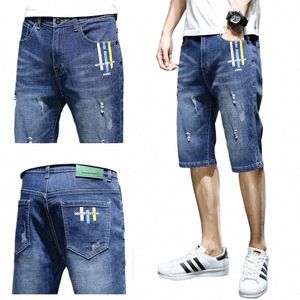 summer Mid Waist Denim Shorts Fi Straight Youthful Vitality Men's Clothing Korean Butt Casual Distred Hole Knee Pants a0ue#