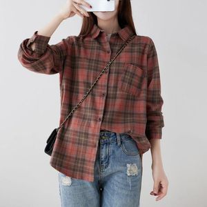 Kvinnors blusar 2024 Womens Plaid Button Down Shirts Bomullsklänning Långärmning V Neck Solid Casual Tunics Tops med fickor