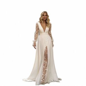 Abiti da sposa eleganti da donna 2024 in pizzo con scollo a V aperto indietro manica Lg abiti da sposa Sweep Train Applique Abiti da Noiva personalizzati H9Yj #