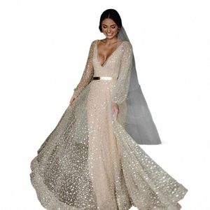 champagne Glitter due pezzi abito da sposa con cappotto staccabile oro S 2024 maniche a sbuffo con scollo a V abiti da sposa I4Ex #