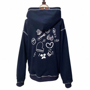 kpop ARMY YOU NEVER Autunno Inverno Blu Navy Ricamo Giacca con cerniera Top Coat Donna Uomo Tian Guozheng Zip Denim Y2k Felpa con cappuccio K4My #