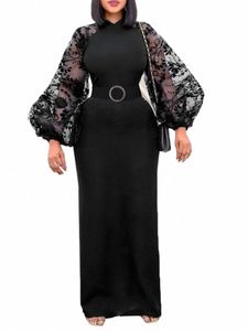 plus Size Lg Sleeve Black Dres for Women High Neck Belted Flocking Tulle Gathered Classy Modest Party Evening Night Gown f2AU#