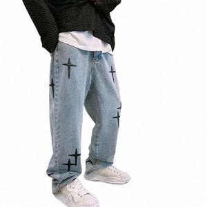 2022 Vibe Stil Kreuz Stickerei Retro Wed Männer Baggy Jeans Hosen Hip Hop Distred Vintage Denim Hosen Pantals Capris P6cI #