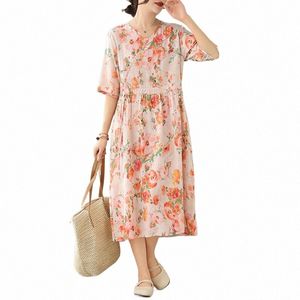 2023 Neuer Sommer Plus Size Dr Woman Fat Beach Holiday Travel Böhmische Umstandsmode Fi Cott und Leinen Floral Lg Dr 64mI#