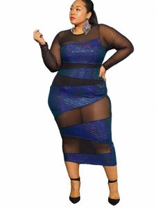 Pulkritus Plus Size błyszczący gwiaździsty patchwork siatka damska Dr sexy See Through Lg Sleeve O-D-Neck Bodyc Midi Dres Spring L1jf#