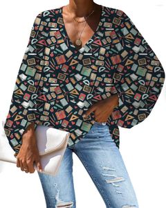 Blusas femininas padrão de matemática chiffon blusa das mulheres verão 2024 blusas mulher casual lanterna manga longa solta topos com decote em v senhoras camisas