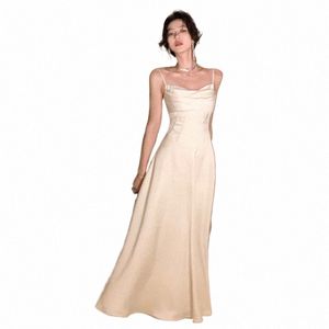 Donne di stile francese Midi Dres 2023 Summer Spaghetti Strap Elegante partito femminile abiti da sposa damigella d'onore in raso nero Dr C7mW #