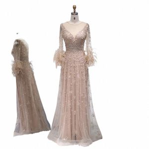 Eleganckie pióra szampana LG Sleeves Evening Dres Luksus Dubai Dubaid Muzułmańskie kobiety Wedding Formal Gowns SS101 O4EC#
