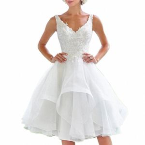 2024 New Lovely Short Lace Sleevel Bridal Wedding Dres Knee Length Illusi Back V Neck Appliqued Wedding Gowns for Bride o3wC#