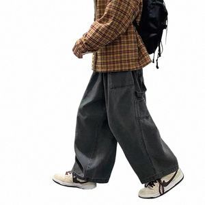 2024 Streetwear Multi-Pieszerzy Dżinsy Cargo Pantsloose Plus Rozmiar szerokich nóg Spodnie Japońskie HARAJUKU Casual Denim Pants Mężczyźni Ubranie O980#