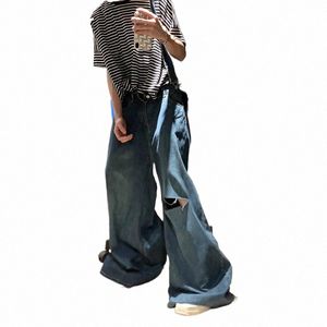 reddachic Мужской комбинезон с рваными отверстиями и широкими штанинами Y2k Vintage Blue Свободные повседневные брюки-комбинезоны в стиле ретро 90-х годов Джинсовые комбинезоны h5kC#