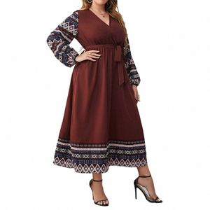 Plus Size Summer Women Dr Wraped V Neck Swing Dres midjebältet Geometiskt tryck Robe LG ärmar Kvinnliga klänningskläder Q1ch#