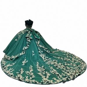 Angelsbridep zielona suknia balowa Quinceanera Dres Złote Koronki Aplikacje 3D FRS Corset Back Vestidos de 15 Anos Formal Birthday Q6lo#