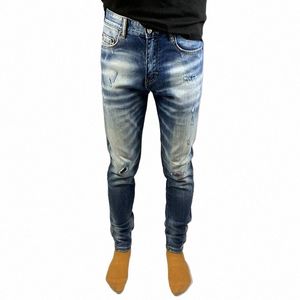 fi streetwear homens jeans de alta qualidade retro azul estiramento fino ajuste jeans rasgados homens vintage designer marca calças hombre m6eT #
