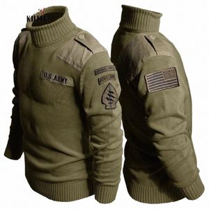 Retro Tactical Turtleneck stickad tröja män bokstavsmönster lapptäcke stuga jumper utomhus vandring lös militär pullover man a1sl#