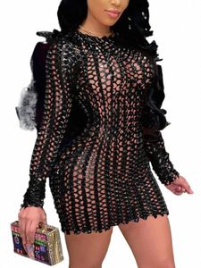 lw SXY Metallic Fishnet Bodyc Dr Nuove donne sexy Gonna a rete Tutto il corpo Scava fuori lg manica Mini Dr Lingerie Nightwear Z7ch #