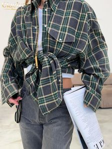 Clacive Camicetta da donna scozzese allentata alla moda Camicie e camicette da ufficio a maniche lunghe con risvolto elegante Tasca vintage con lacci Top femminile 240322