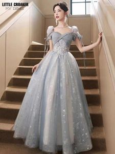 Casual Dresses Luxury Women's Elegant Long Party Dress Blue Lace Fjärilar Applique Puff Sleeve Tulle Ball klänning Prom Drees för kvinna